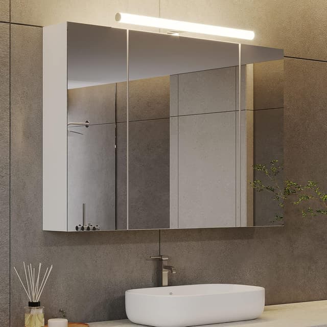Detalle de DICTAC Armadietto Specchio da Bagno con Luce LED e Presa Elettrica, 80x16x60 cm, Bianco