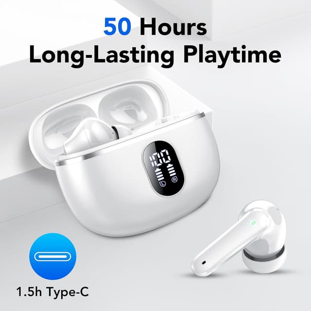 Detalle de IKT Bluetooth Kopfhörer (Kabellos) mit Bluetooth 5.4, 4 Mikrofonen und ENC Noise Cancelling – In-Ear, IPX7, USB‑C, Weiß