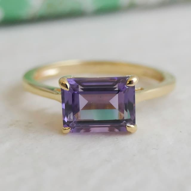 Detalle de Baguette Amethyst Ring aus 925 Sterling Silber vergoldet – Größe US 8 (Ø 18,2 mm)