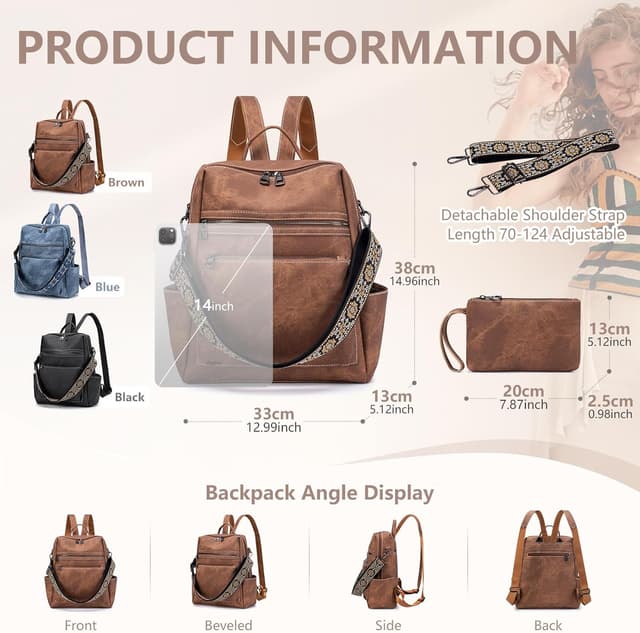 Detalle de SUCIKORIO Zaino Donna in Pelle elegante con borsa antifurto e tasche multiple, cuoio