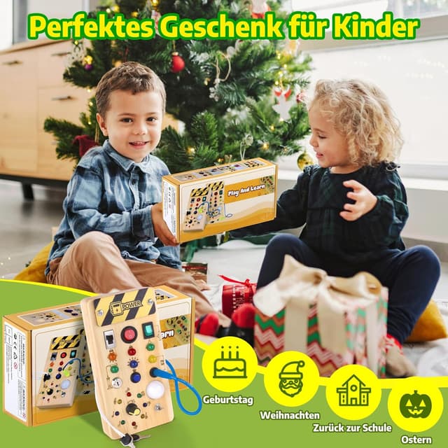 Detalle de Hoarosall Montessori Busy Board mit LED-Lichtschalter – Motorik- und Sensorik-Spielzeug aus Holz ab 1 Jahr