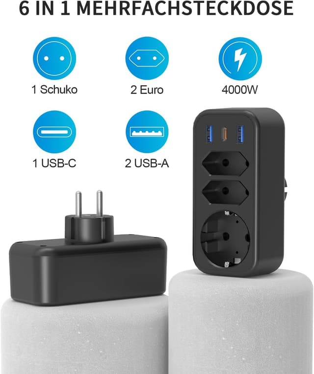 Detalle de 6-in-1 Mehrfachstecker mit PD 20W USB‑C – STGAROT Steckdosenadapter für 3 Euro- & Schuko-Anschlüsse