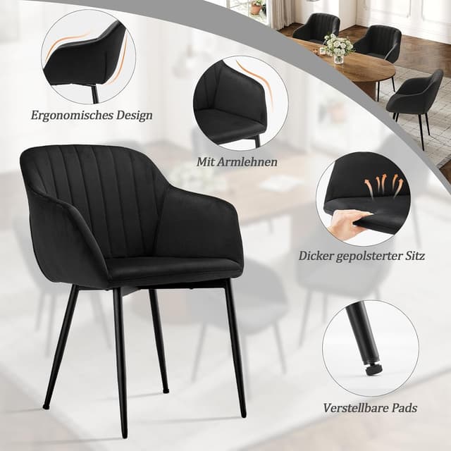 Detalle de Goeurvant set da 6 sedie da pranzo in velluto nere con seduta imbottita e braccioli