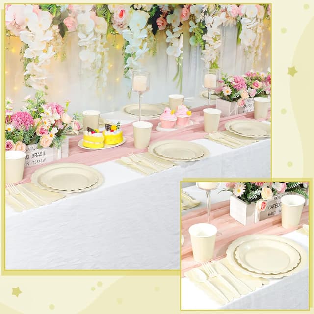 Detalle 2 de Xiangqu 175-Piece Ivory Paper Plates and Napkins Set for Parties (Beige scalloped disposable tableware)