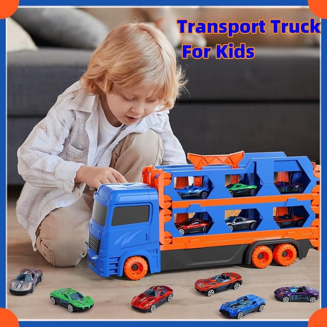 Detalle de Bearbao 65-Zoll Rennstrecke mit Transport-LKW und 6 Mini Metallautos – Spielzeug für Jungen (3–6 Jahre)