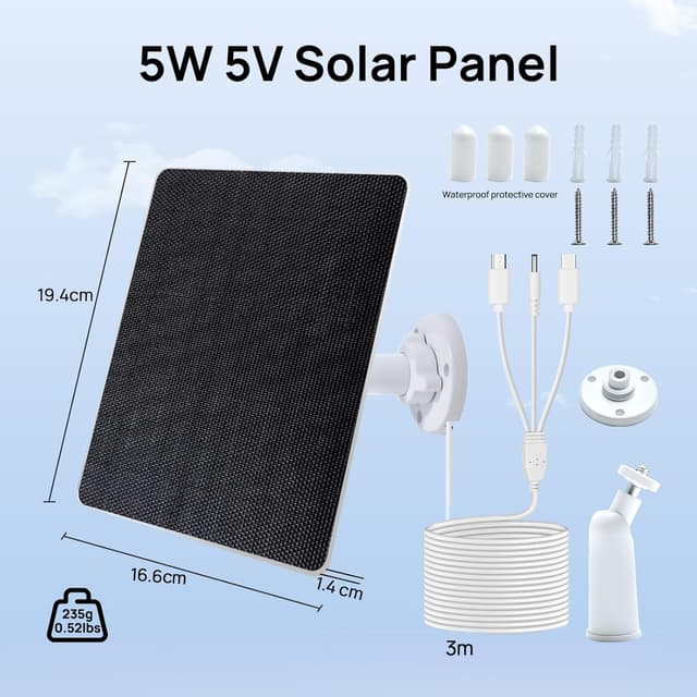 Detalle 2 de ECO-WORTHY 5W Solar Panel for Ring Outdoor Cameras (USB-C/Barrel Plug, 9.8ft Cable)