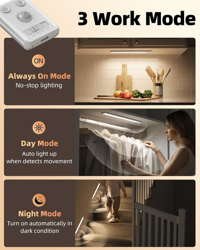 Detalle de EZVALO Under Cabinet Kitchen Lights (2 Pack) – 3-Colour Dimmable Motion Sensor LED Strips, Rechargeable 3200mAh