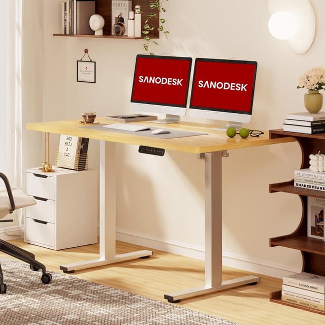 Detalle de SANODESK 120 x 60cm Electric Standing Desk with Memory Hand Controller (White Frame + Maple Desktop)