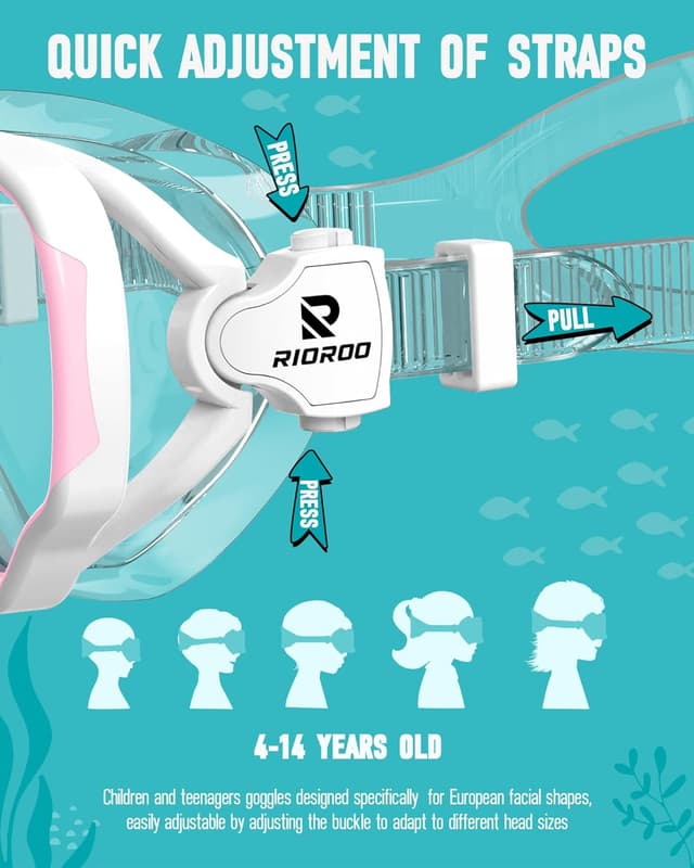 Detalle de RIOROO Taucherbrille Kinder (Panorama 180°, anti-Nebel) mit Nasenbekleidung – für Jungen & Mädchen 4–14