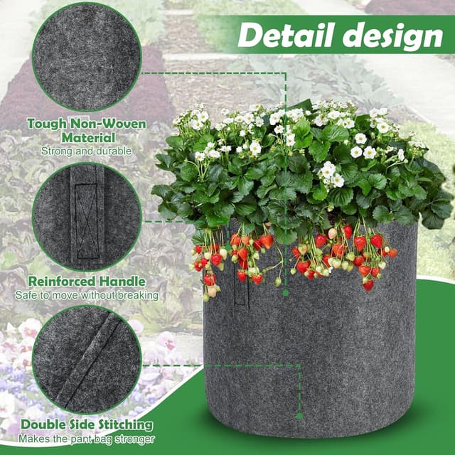 Detalle de VIEWALL 27-l Pflanzsack aus Stoff (5er-Set) – atmungsaktiv belüftete Pflanztaschen mit Griffen für Kartoffeln, Tomaten & mehr