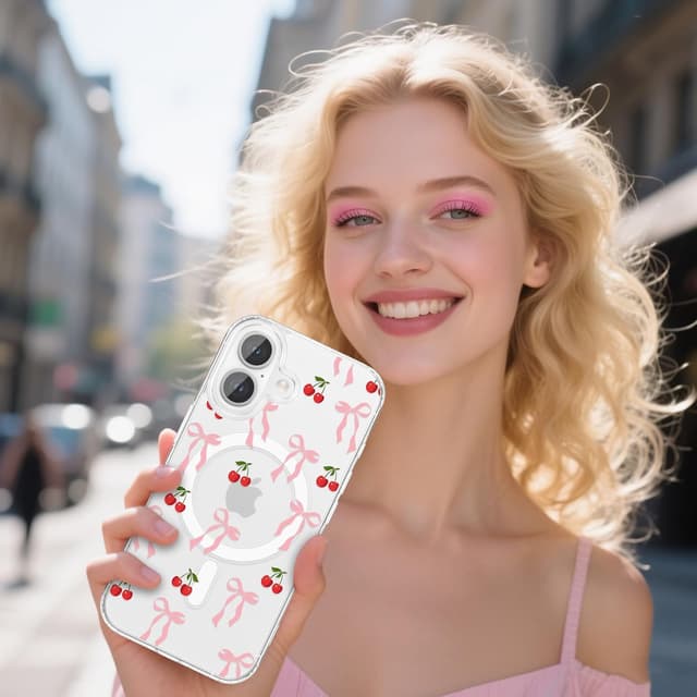 Detalle de ZTOFERA Magnetische Schutzhülle für iPhone 17 (6,3") – transparentes TPU mit Schleife & Kirschen-Muster