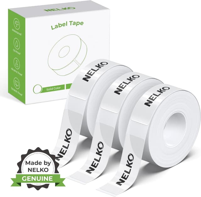 Detalle de NELKO Original Etikettierband für P21 – 14 x 40 mm, transparent, 180 Etiketten/Rolle (3 Rollen)