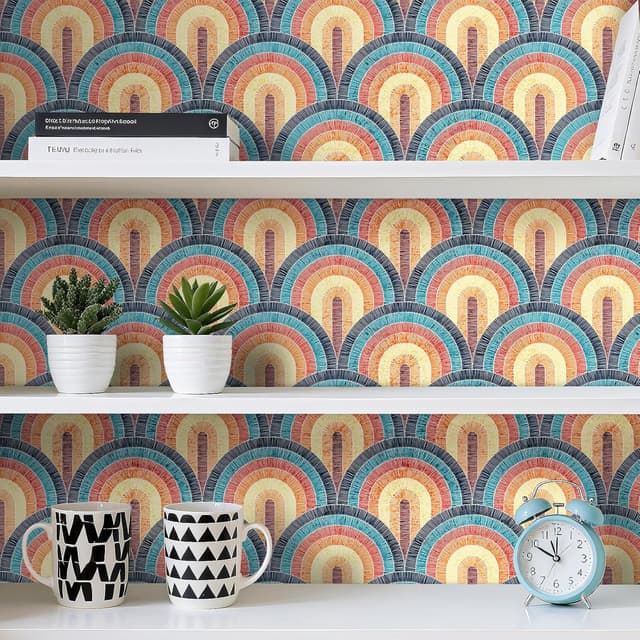 Detalle 2 de Livelynine selbstklebende Tapete Boho mit geometrischem Muster – Rot, Petrol & Gelb (44,5 cm x 7 m)