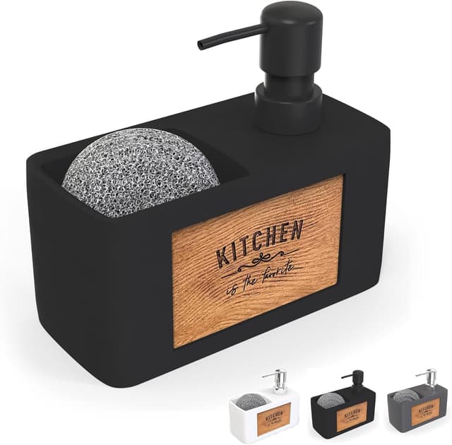 Detalle 2 de Chill House distributeur de savon pour cuisine avec porte éponge noir en polyrésine