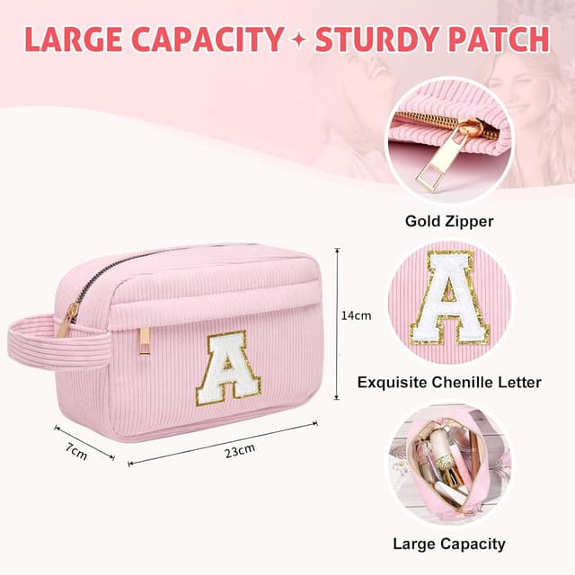 Detalle de Toozen Initialen Make-up-Tasche aus Cord (Reisekulturbeutel) mit Metallreißverschluss, rosa