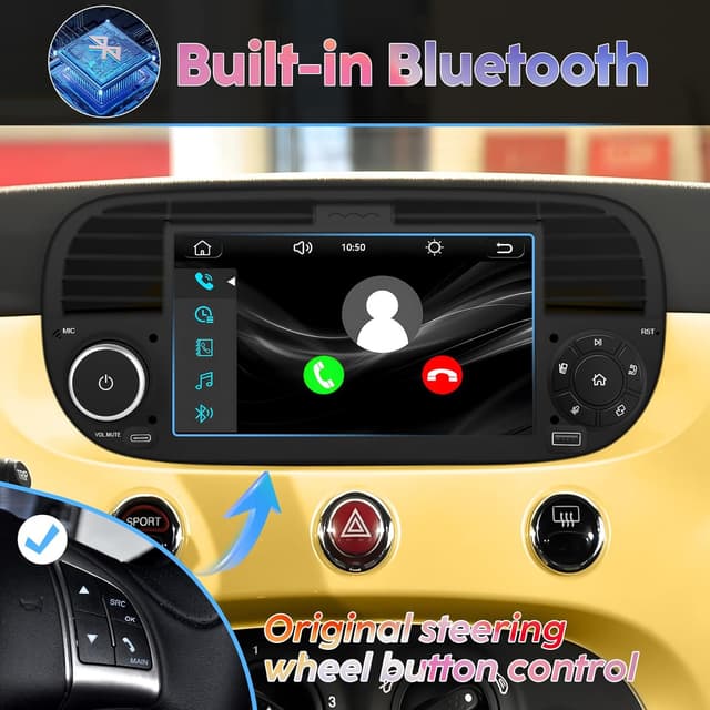 Detalle de Autoradio mit 7" Touch-Display für Fiat 500 (2007–2015) – drahtloses CarPlay & Android Auto, Bluetooth, USB