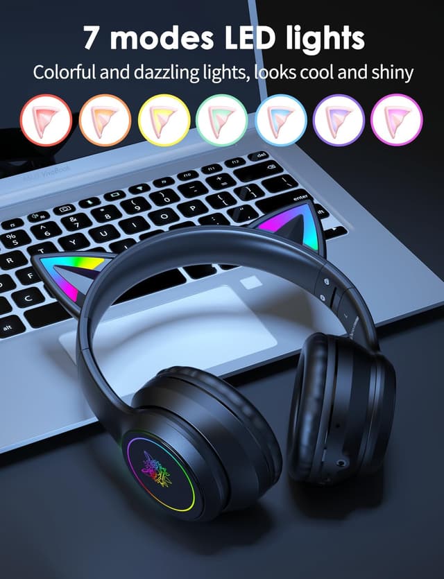 Detalle de Cat Ear Bluetooth Headphones with LED Lights – Wireless Over-Ear Headset with Microphone, Hi‑Fi Stereo & 55H Playtime
