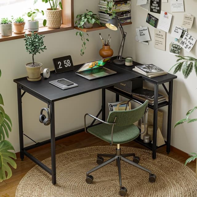 Thumbnail 6 de DOMSHOCT 120 x 70cm L-shaped gaming desk with power outlets, reversible storage shelves and headphone hook (black)