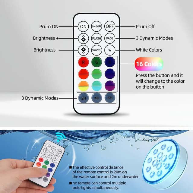 Detalle 2 de vsshe Pool Lights (2 Pack) Rechargeable Submersible LED Lights with Remote, IP68 & 16 Colour Modes