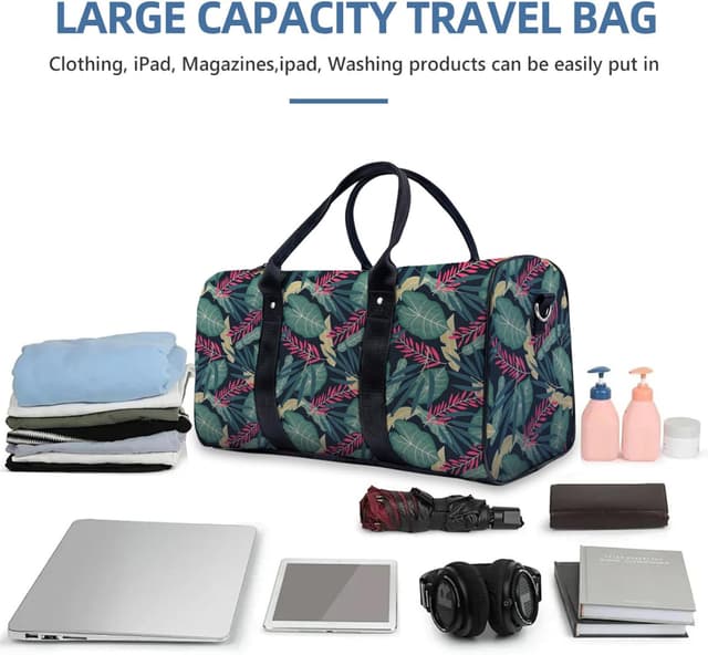 Detalle de Travel Duffle Bag – Waterproof Foldable Gym/Overnight Carry-on (47x22x25cm) for 15-Inch Laptop, Leafs Pattern
