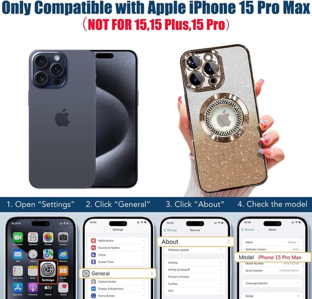 Detalle de Misscase Magnetic Glitter Case for iPhone 15 Pro Max (MagSafe Compatible) with Camera Lens Protector