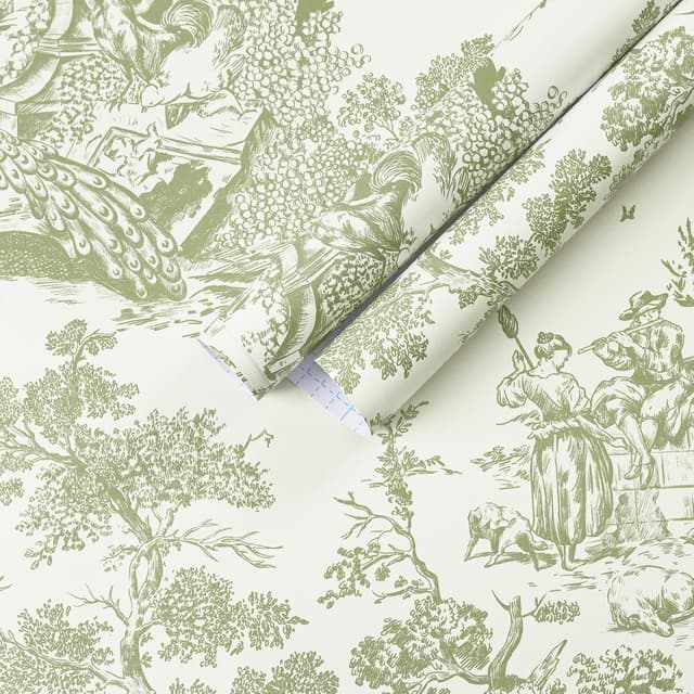 Thumbnail 6 de Yomshi 44 cm × 20 m selbstklebendes Vintage Vinyl-Tapetensystem in Grün (Baum & Tiere)