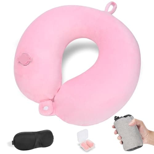 Detalle de Cirorld almohada de viaje hinchable para cuello (rosado), con máscara de ojos, tapones y bolsa