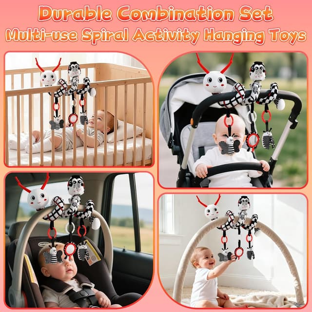 Detalle de Spirale Autositz Baby Spielzeug 0–6 Monate – kontrastreiches Schwarz-Weiß-Aktivität-Set mit Handgelenk-Rassel