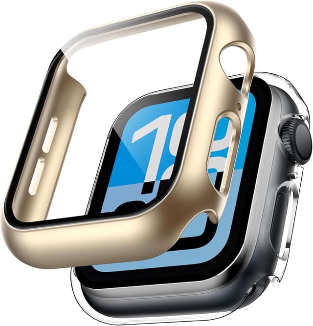 Detalle de TAURI 2 pièces PC coque + verre trempé pour Apple Watch SE/Series 6/5/4 44 mm – Champagne + transparent