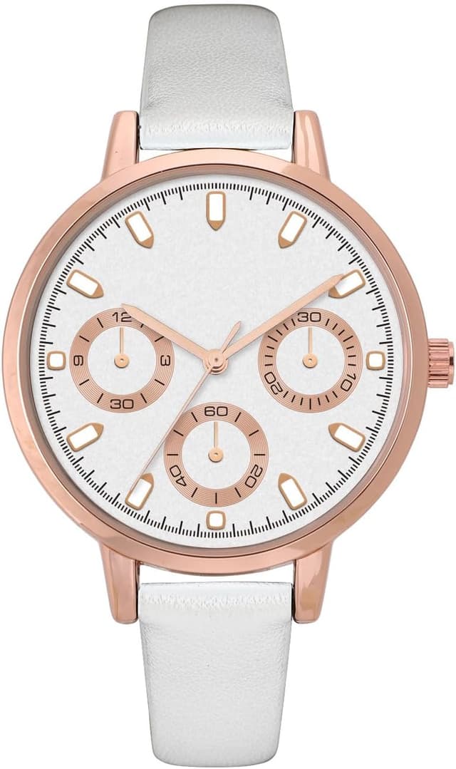 Detalle de Damenuhr in Roségold-Optik mit weißem Zifferblatt, drei Deko-Subzifferblättern und weißem Lederarmband