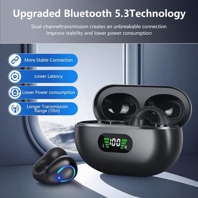 Detalle de dufiga Ultra Open-Ear Bluetooth 5.3 Clip-On Headphones with Digital Display Charging Case