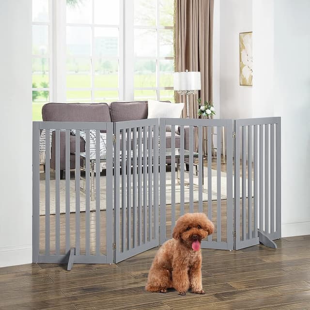 Detalle 2 de unipaws Freestanding Pet Gate (Folding Wooden Dog Gate) – Light Grey, 203cm wide, 91cm high, 4 panels