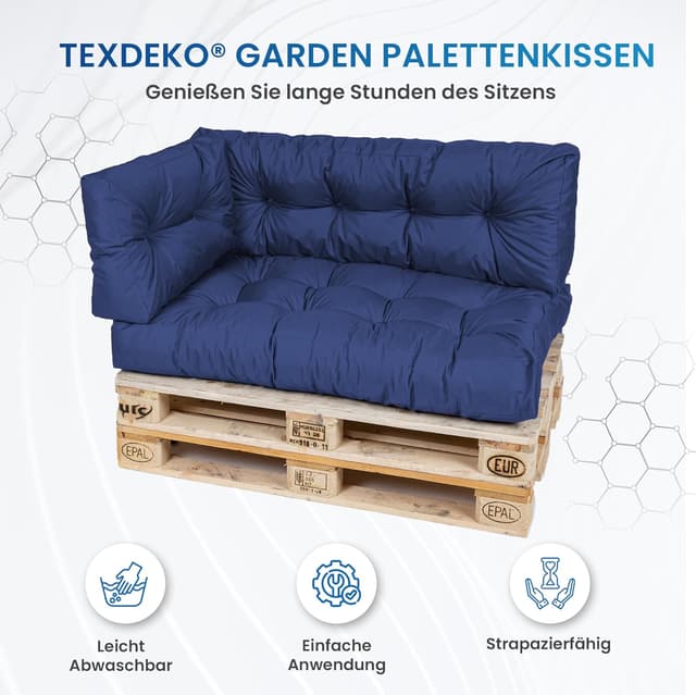Detalle de TexDeko® Garden Palettenkissen 120x80x18 cm (2-teilig) wasserabweisend, UV-beständig – Premium Sitzkissen für Europaletten