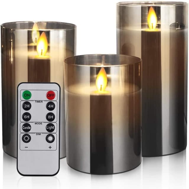 Detalle de YMing flameless LED candles set (4"/5"/6") with remote and timer – real-wax style, gold glass pillars