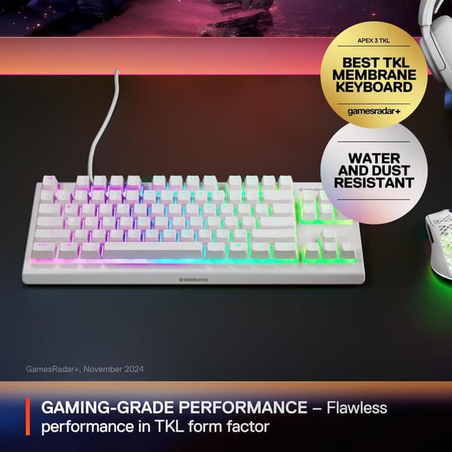 Detalle 2 de SteelSeries Apex 3 TKL (Tenkeyless) Gaming Keyboard — Silent Switches, 8-Zone RGB, IP32 (American QWERTY), White