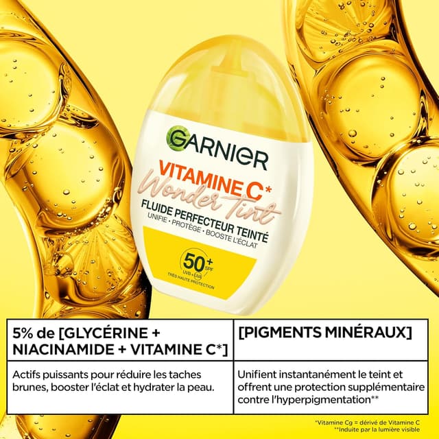Detalle de GARNIER SkinActive Vitamine C Wonder Tint SPF50+ fluide teinté perfecteur (teinte claire) 40 ml