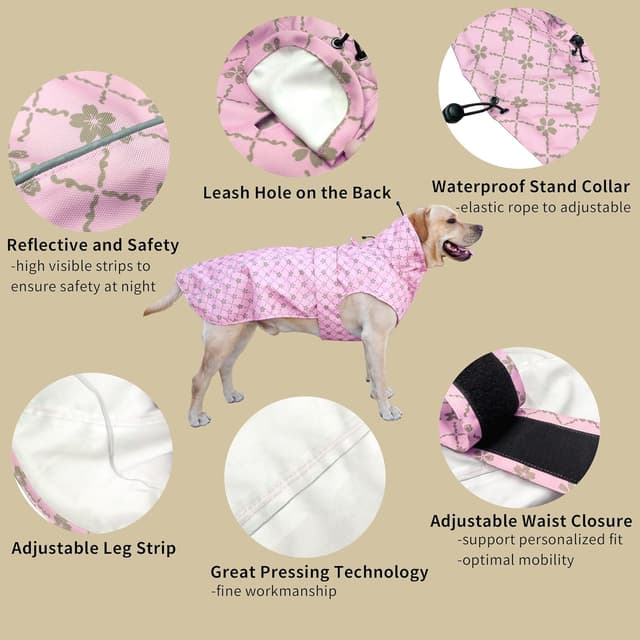 Detalle de Adjustable Waterproof Dog Raincoat with Reflective Strip – Lightweight Rain Jacket for Small to Large Dogs (Large, Gold Cherry Blossoms Pink)