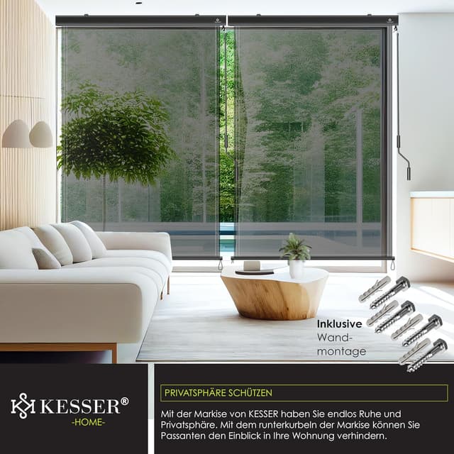 Detalle de KESSER® Senkrechtmarkise 160x250 cm mit Handkurbel – Außenrollo für Balkon & Terrasse inkl. Montageset