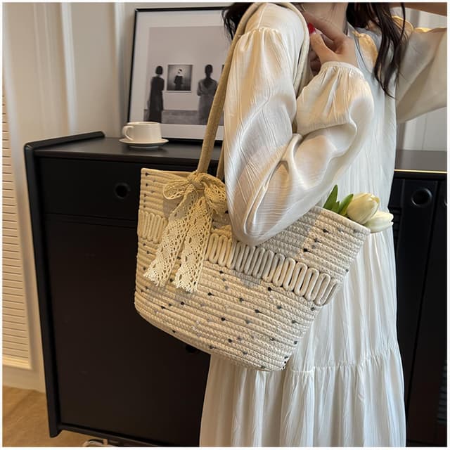 Detalle de Pahajim women’s woven tote bag – cotton crochet shoulder bag with zip closure (38 x 24 x 9 cm)