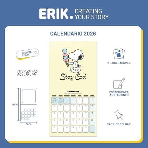 Detalle de Grupo Erik Calendario 2026 pared Snoopy 30x30 cm 🗓