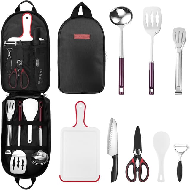 Detalle de Odoland Set d’ustensiles de cuisine camping 8 en 1 avec sac de rangement