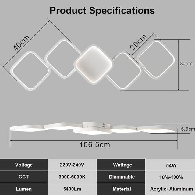 Detalle de LED Deckenleuchte dimmbar für Wohnzimmer & Schlafzimmer, 54W / 5400 lm, mit Fernbedienung und Memory-Funktion, 106×30 cm