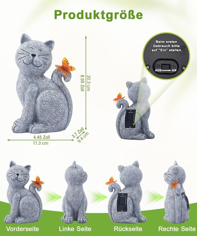 Detalle de Yeomoo Katzenfigur mit Solar-Schmetterling aus Harz – Deko für Balkon, Garten & Wohnzimmer (grau)