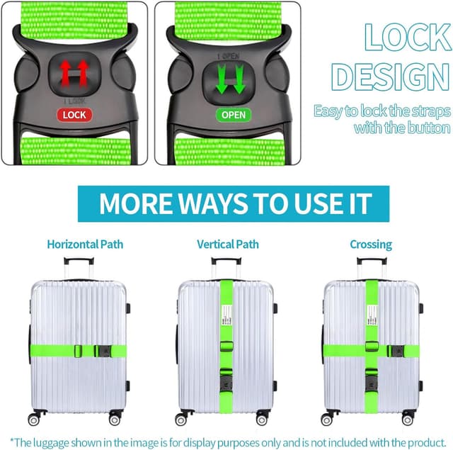 Detalle 2 de BILIONE Lockable Adjustable Luggage Straps (2-Sky Blue) with Bag Connector, 4-Pack