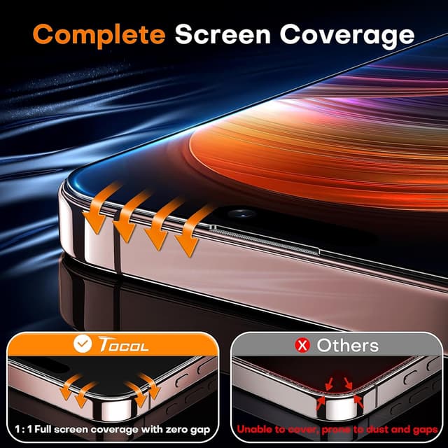 Detalle de TOCOL 9H Tempered Glass Screen Protector for iPhone 16 Pro Max (Full Coverage, Military-Grade)