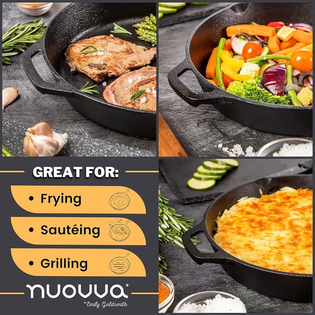 Detalle de NUOVVA 2pcs Cast Iron Skillet Set (pre-seasoned) – 10 inch 25cm & 12 inch 30cm oven-safe frying pans
