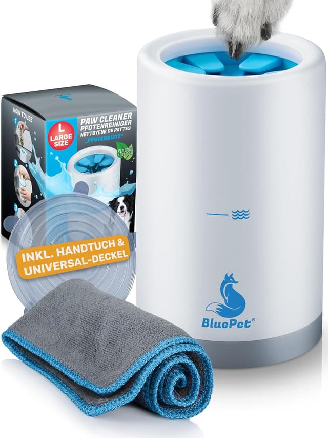 Detalle de BluePet Pfotenreiniger Pfotenblitz Größe L – entfernt Schmutz von Hundepfoten inkl. Mikrofaser-Handtuch