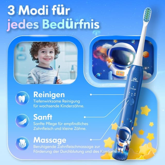 Detalle de DADA-TECH Kinder Zahnbürste Elektrisch ab 3–6–10–12 Jahre (Astronaut Blau) mit Timer, 3 Modi & Sticker-Set