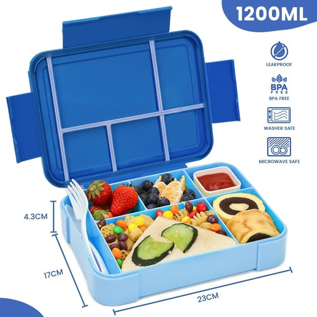 Detalle 2 de Bugucat Kinder-Brotdose mit 6 Fächern (1330 ml) – auslaufsicheres Bento inkl. Besteckset, blau