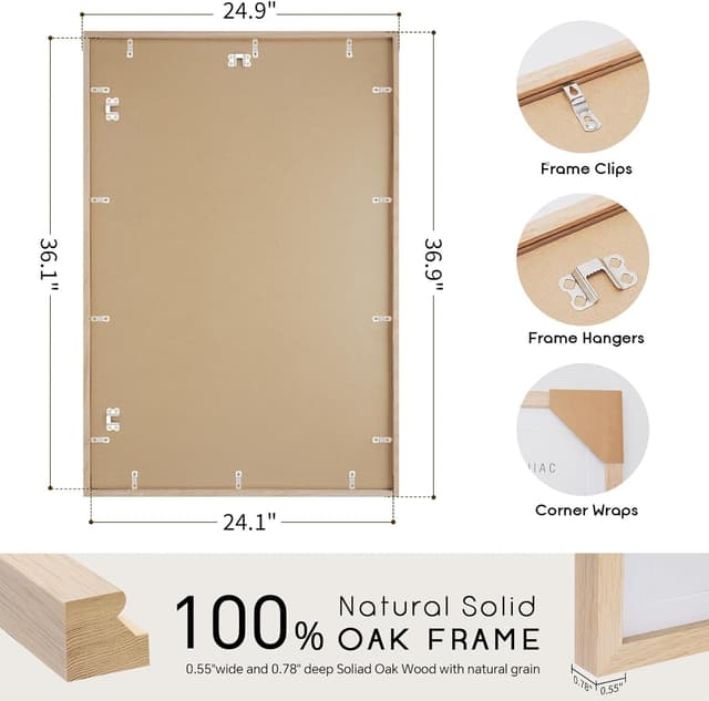 Detalle de Puthiac 24x36 Solid Oak Wood Picture Frame (24 x 36 Poster Frames), Plexi Front, Vertical or Horizontal, 1 Pack